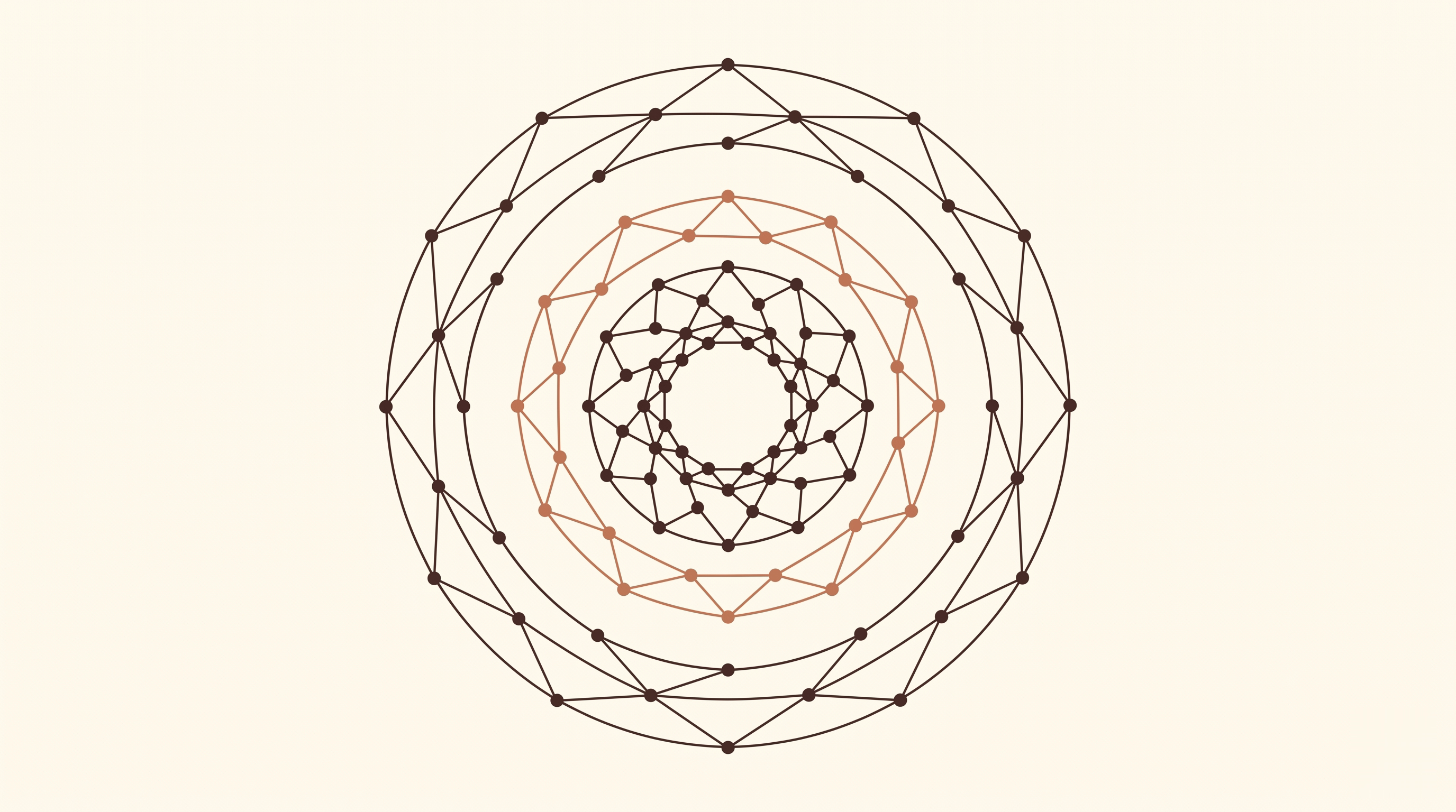 Five overlapping aperture rings drawn as constellations of dots and thin straight lines over a small cluster of nodes, one ring picked out in terracotta.